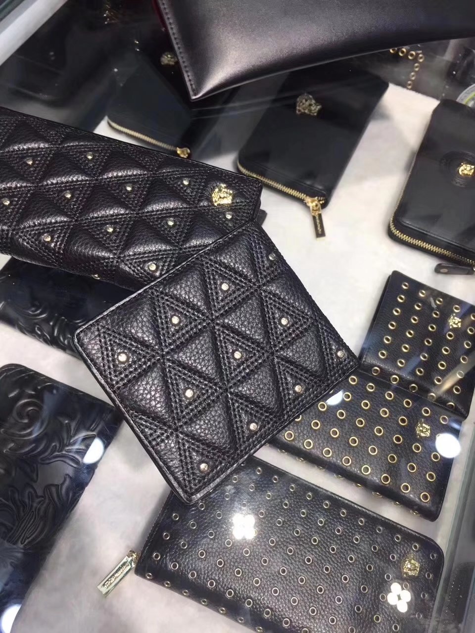 Versace Embossed Studded Triangle Passport Holder Men Wallet Black