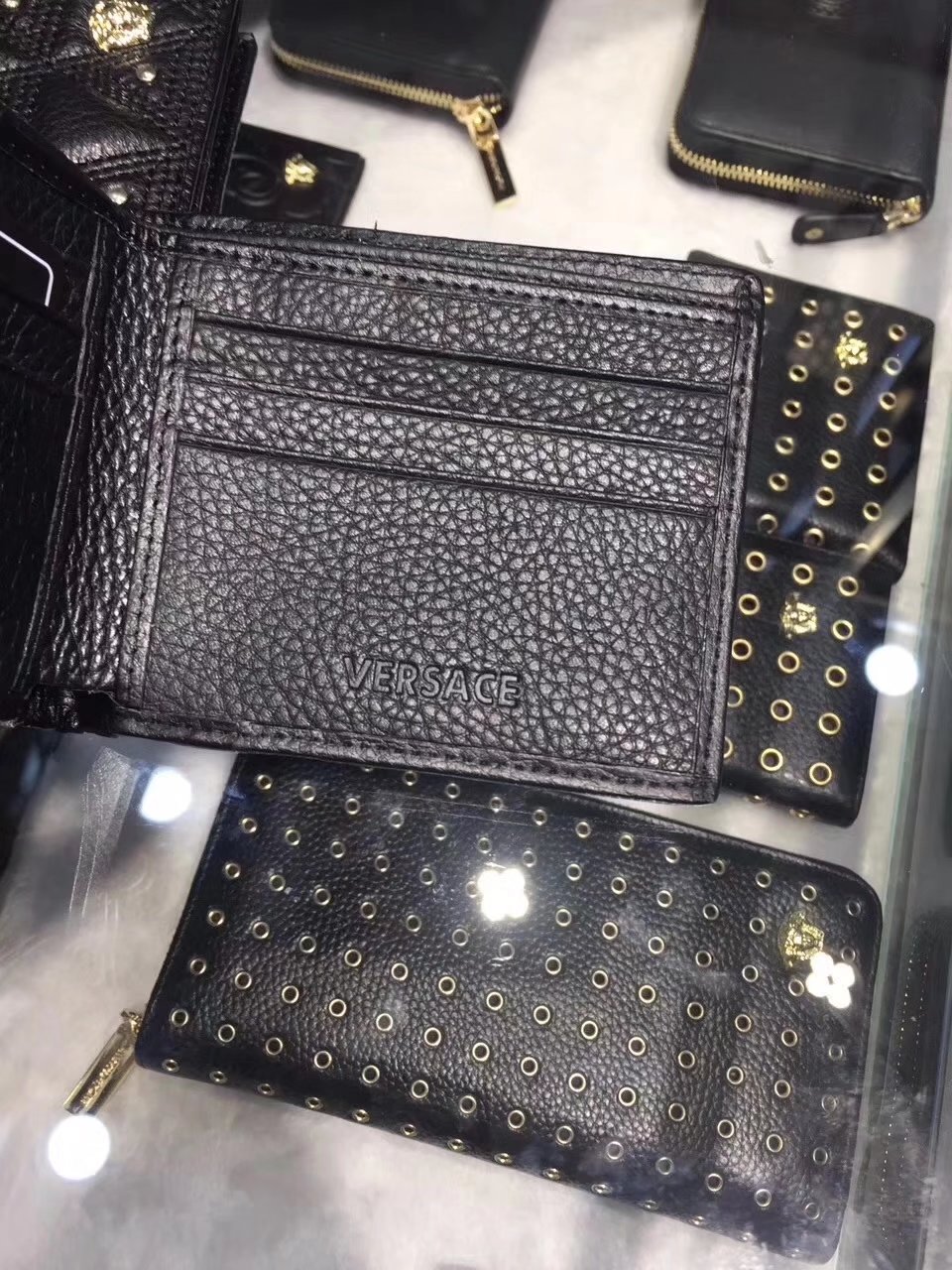 Versace Embossed Studded Triangle Passport Holder Men Wallet Black