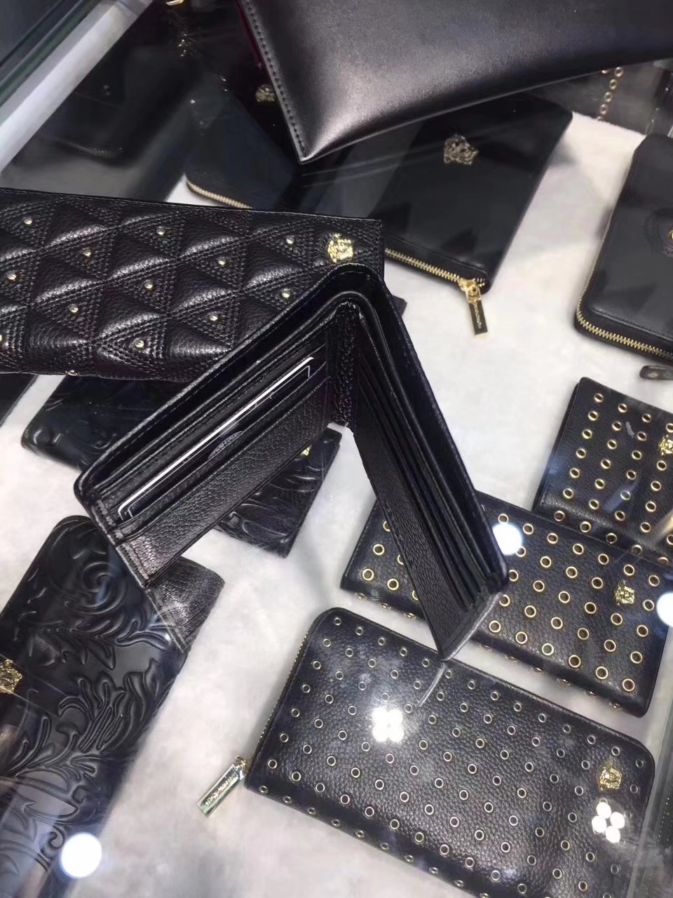 Versace Embossed Studded Triangle Passport Holder Men Wallet Black