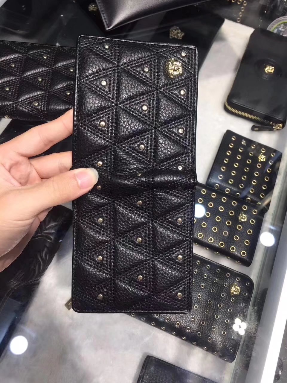 Versace Embossed Studded Triangle Passport Holder Men Wallet Black