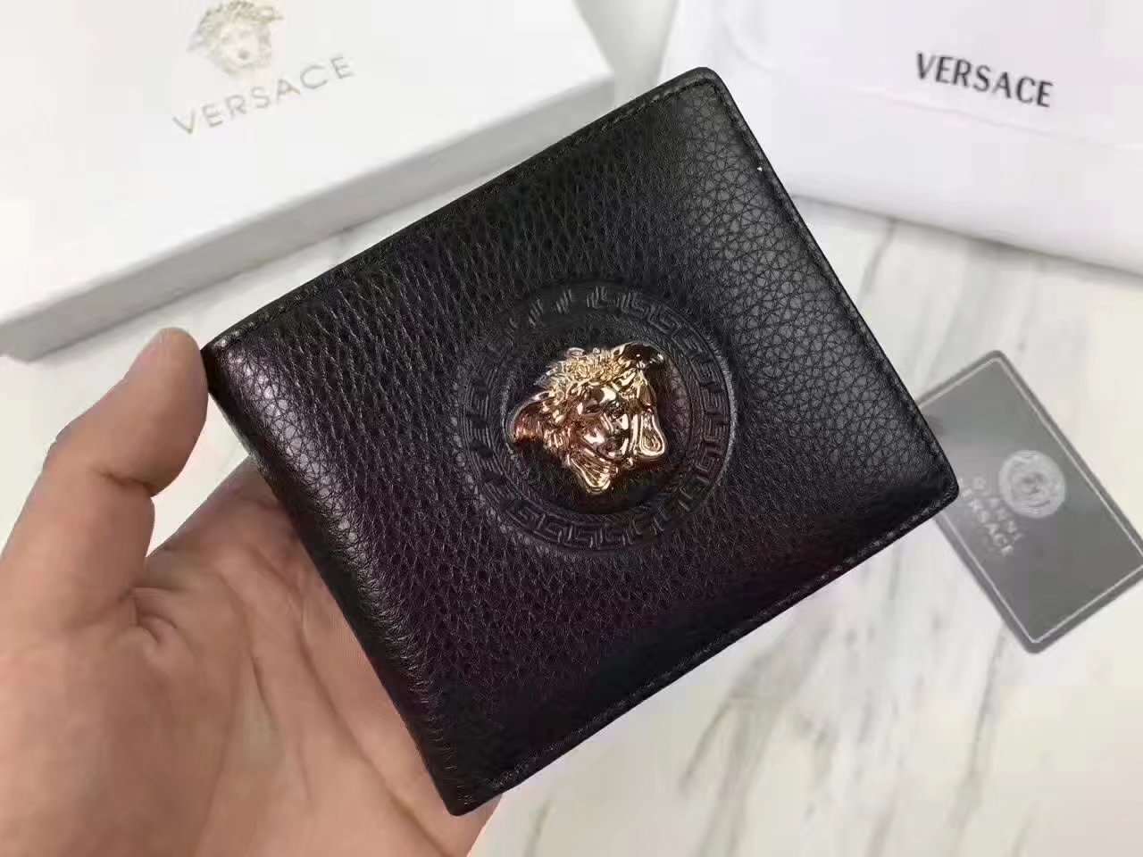 Versace Palazzo Calf Leather Men Short Wallet Black