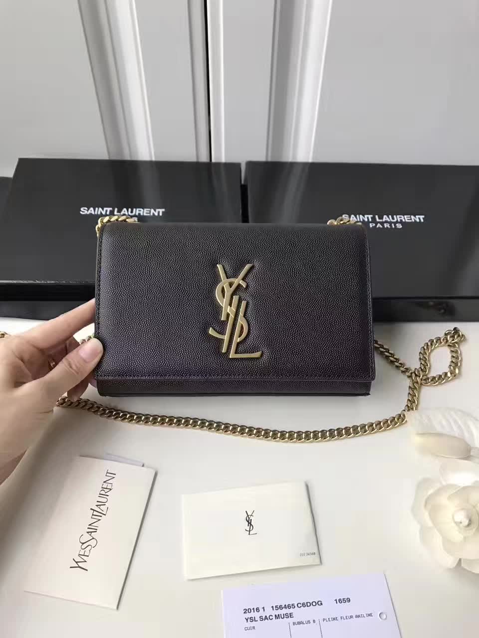 YSL Classic Monogram Saint Laurent Gourmette Chain Shoulder Bag Black With Gold