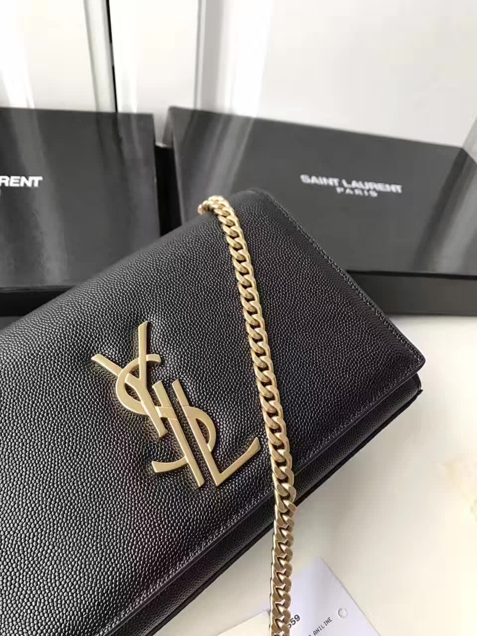 YSL Classic Monogram Saint Laurent Gourmette Chain Shoulder Bag Black With Gold