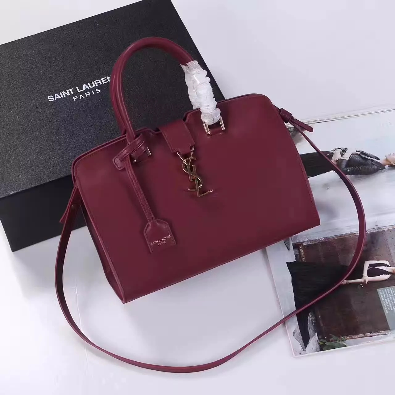 YSL Monogram Saint Laurent Cabas Bag Dark Red