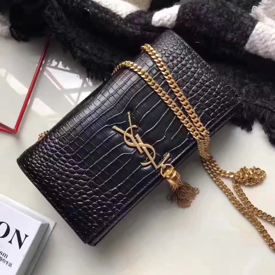 Yves Saint Laurent Medium Kate Monogram Tassel Satchel Crocodile Black Gold