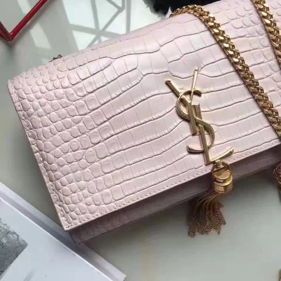 Yves Saint Laurent Medium Kate Monogram Tassel Satchel Crocodile Pink Gold