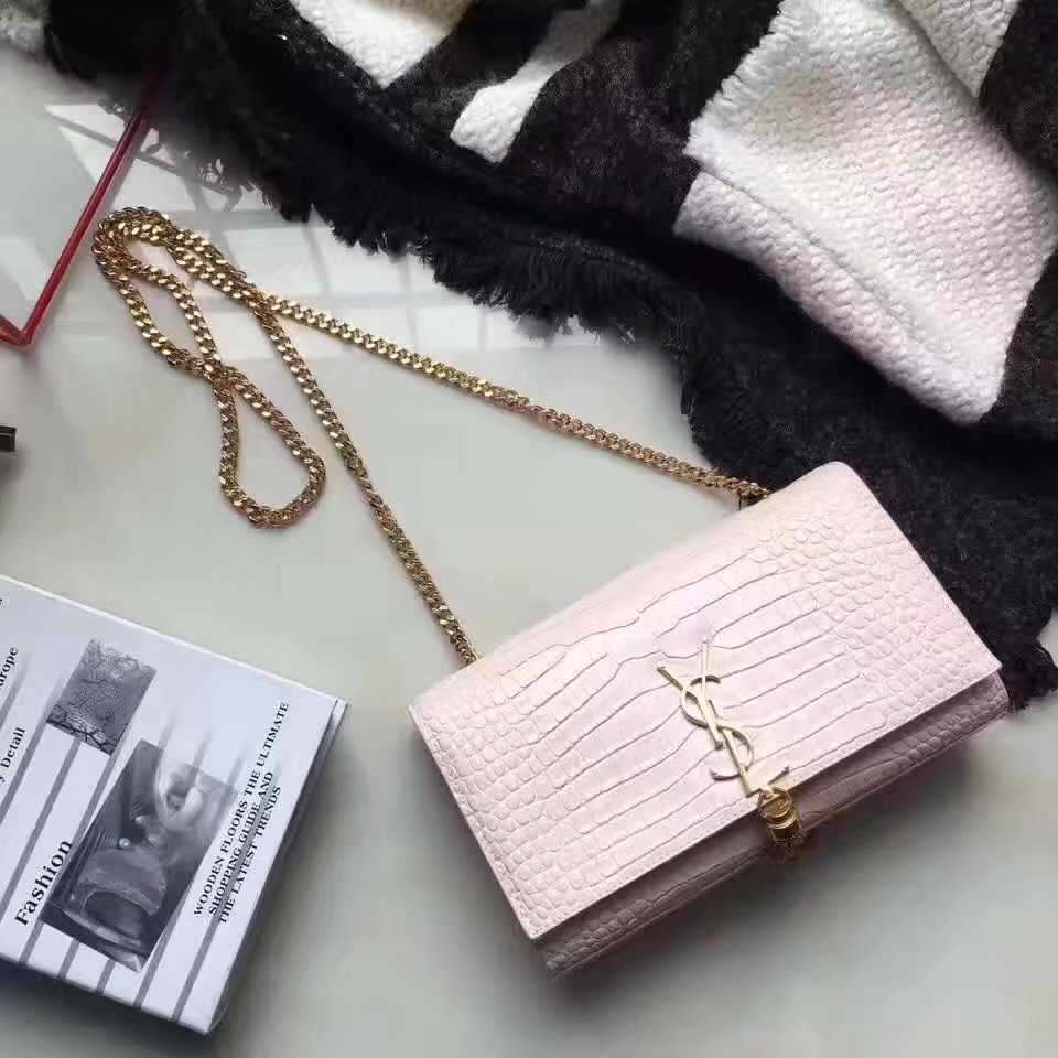 Yves Saint Laurent Medium Kate Monogram Tassel Satchel Crocodile Pink Gold