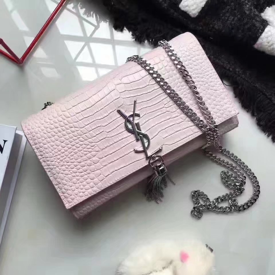 Yves Saint Laurent Medium Kate Monogram Tassel Satchel Crocodile Pink Silver