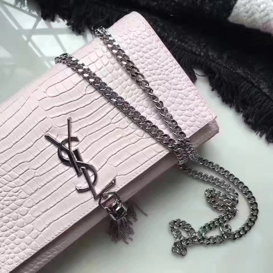 Yves Saint Laurent Medium Kate Monogram Tassel Satchel Crocodile Pink Silver