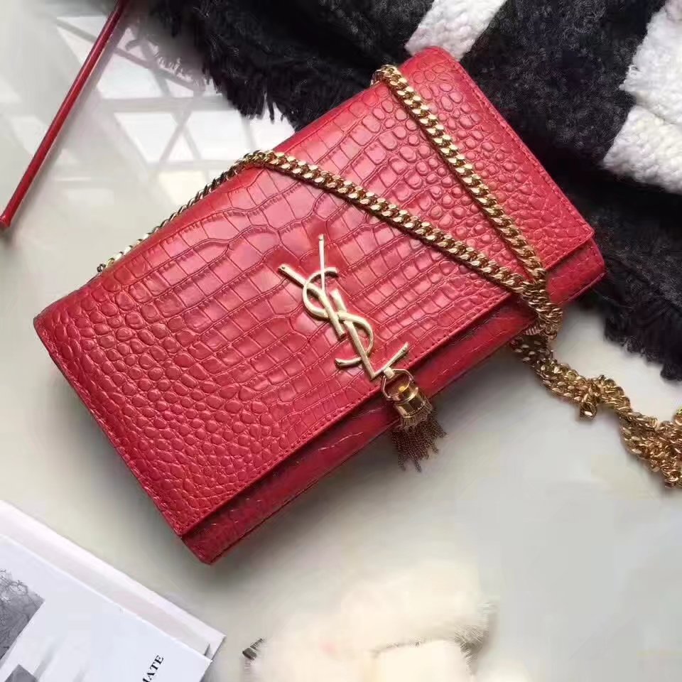 Yves Saint Laurent Medium Kate Monogram Tassel Satchel Crocodile Red