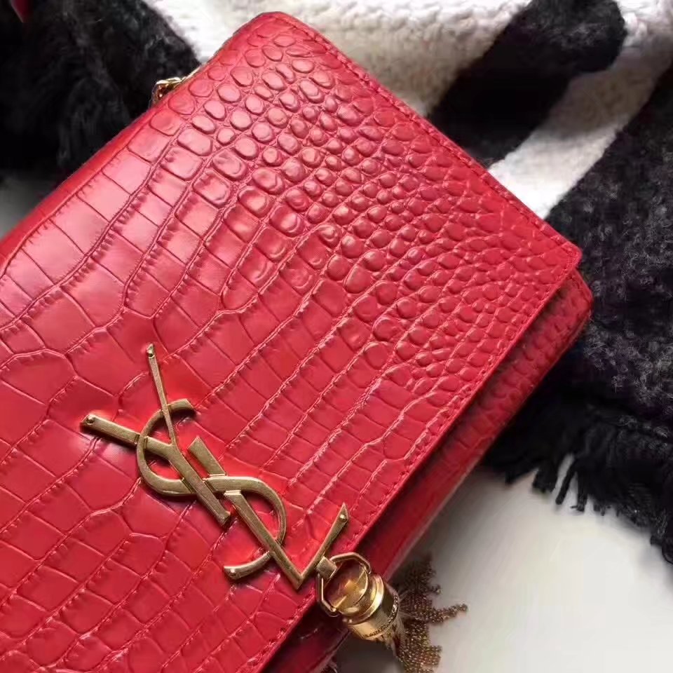 Yves Saint Laurent Medium Kate Monogram Tassel Satchel Crocodile Red