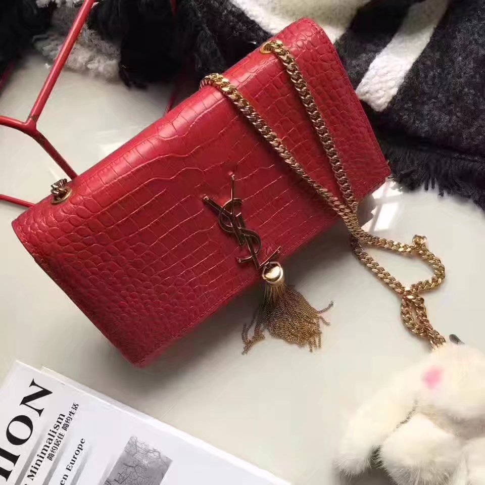 Yves Saint Laurent Medium Kate Monogram Tassel Satchel Crocodile Red