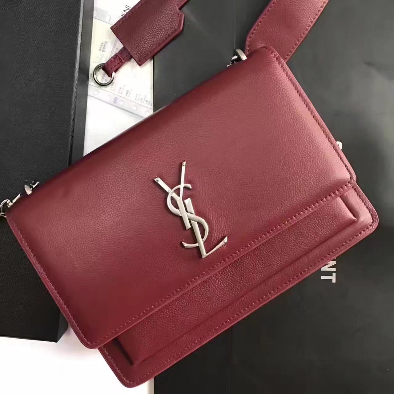 Yves Saint Laurent Sunset Satchel Flap Front Bag In Red Grained Leather